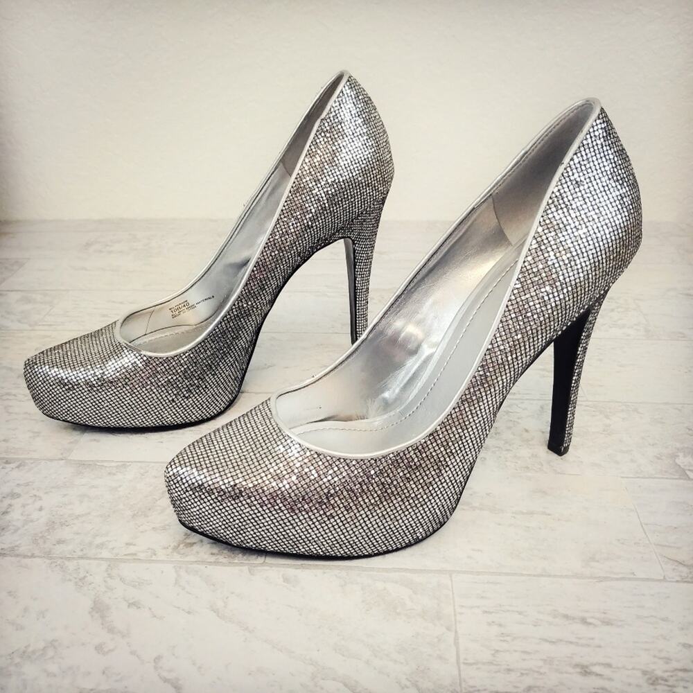 BCBG Silver/Candie Glitter Parade Platform Heels